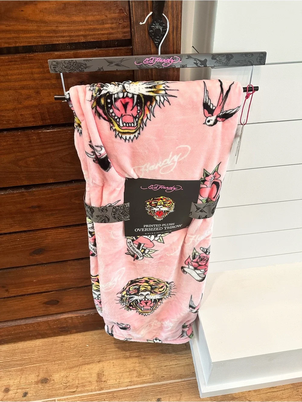 Ed Hardy Pink and Black Printed Plush Oversized Throw